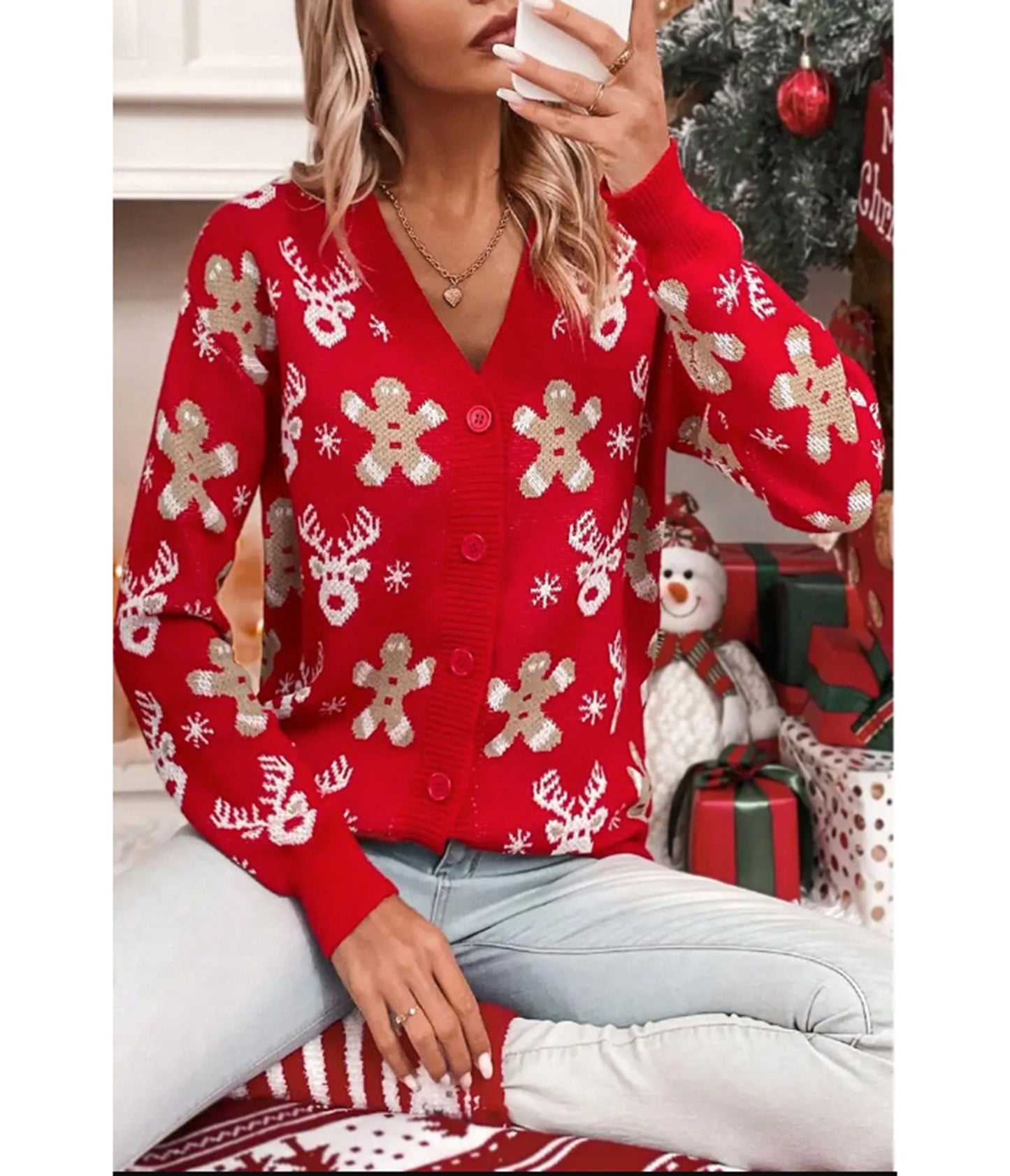 Red Reindeer & Gingerbread Man Cardigan