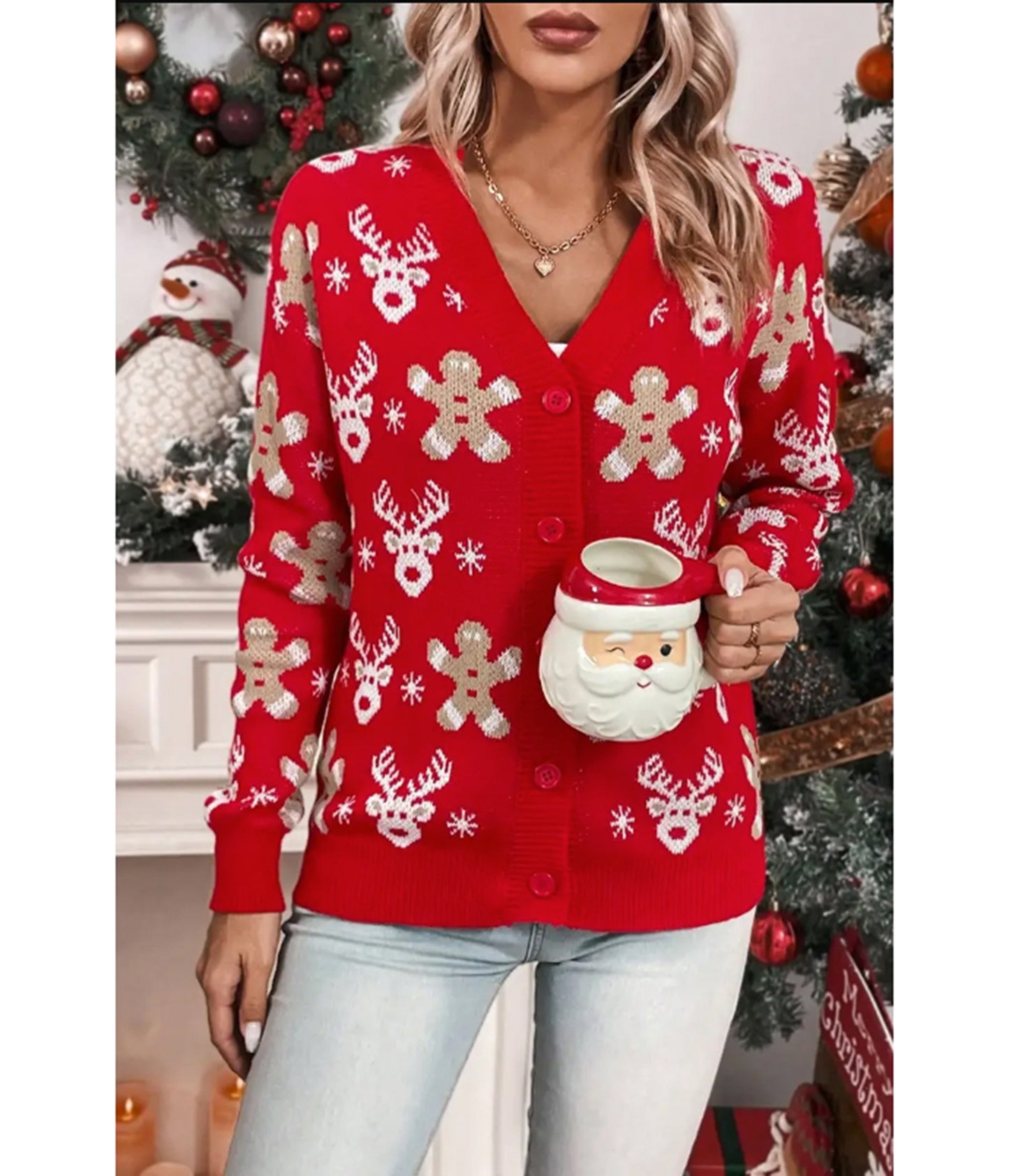 Red Reindeer & Gingerbread Man Cardigan