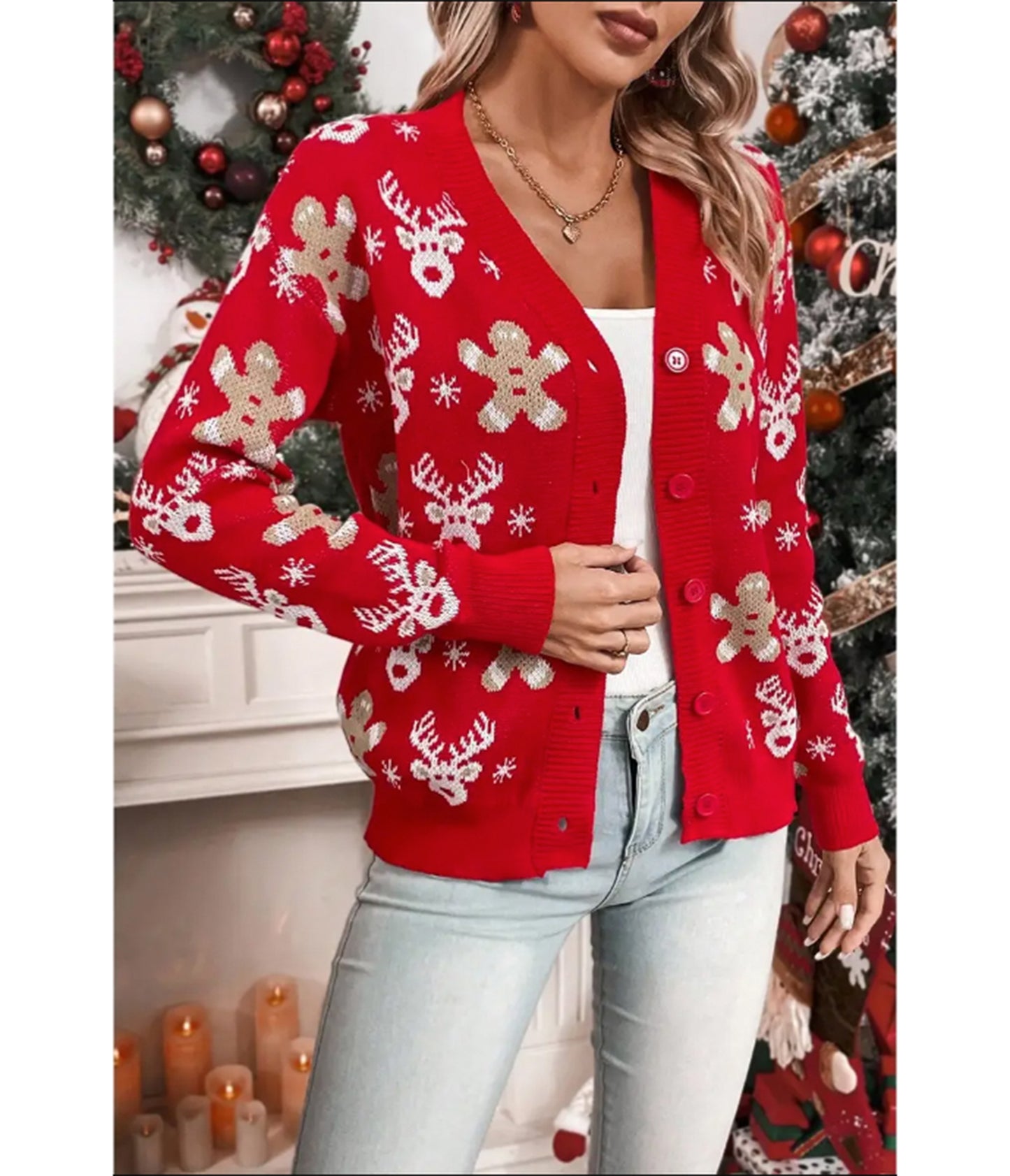 Red Reindeer & Gingerbread Man Cardigan