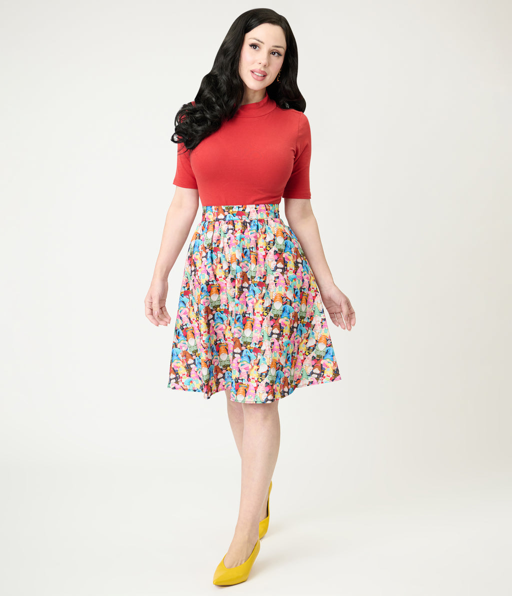 Retrolicious Rainbow Sewing Gnomes Cotton Skater Skirt