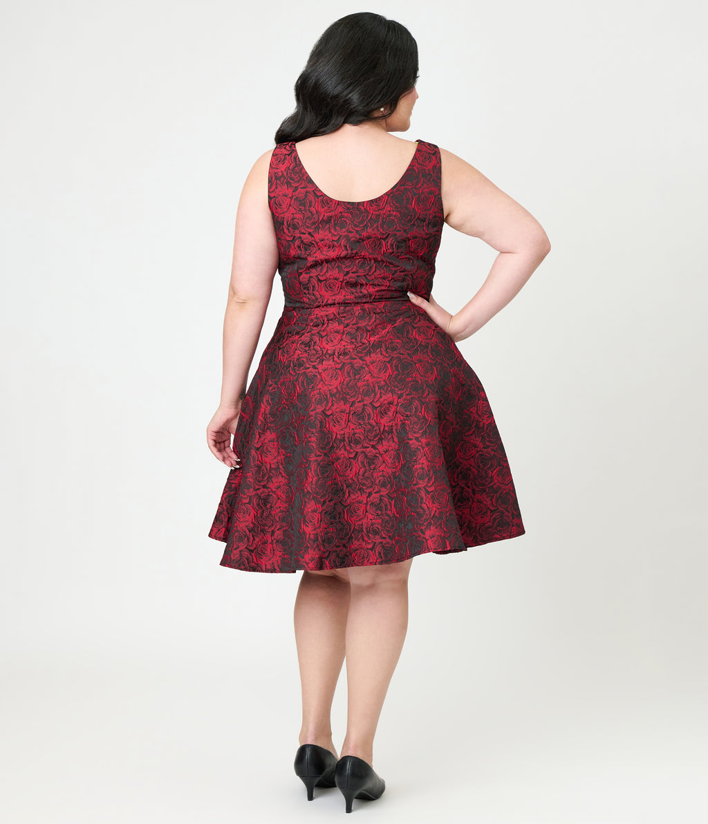 Orchid Bloom Plus Size Red Rose Jacquard Swing Dress