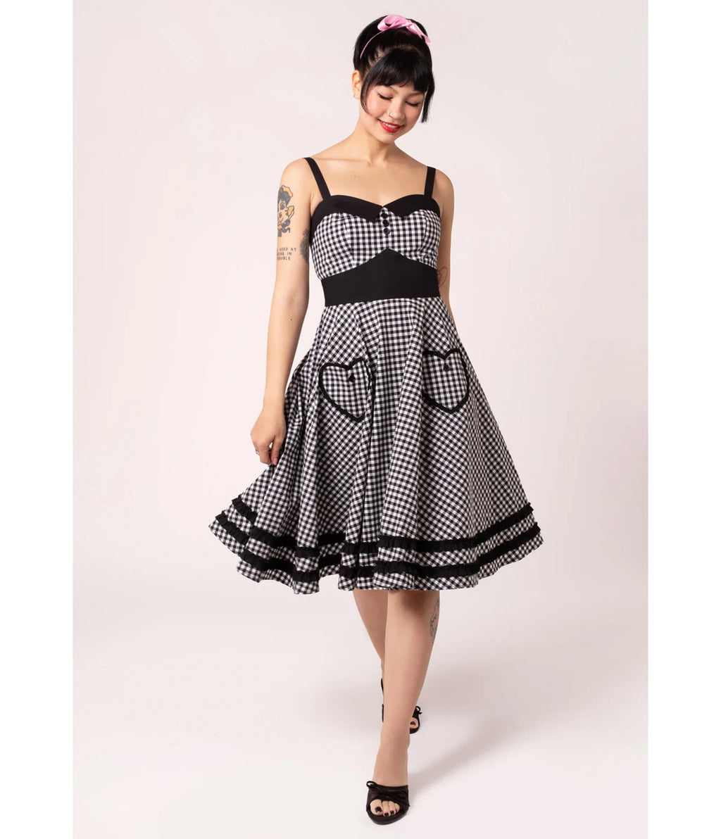 Hell Bunny Black Gingham Heart Pocket Swing Dress