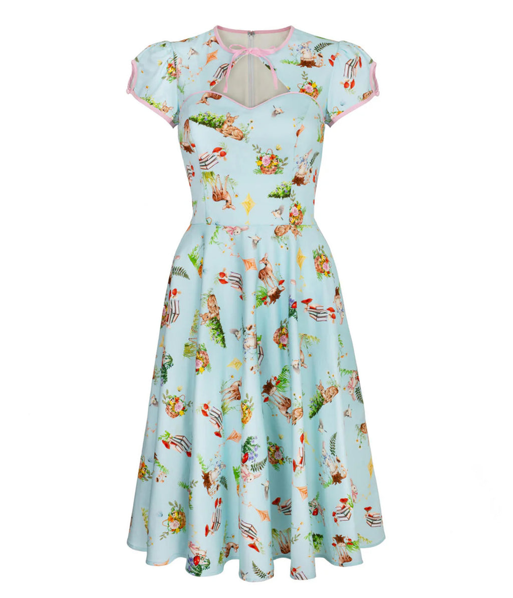 Hell Bunny Sky Blue Woodland Print Swing Dress