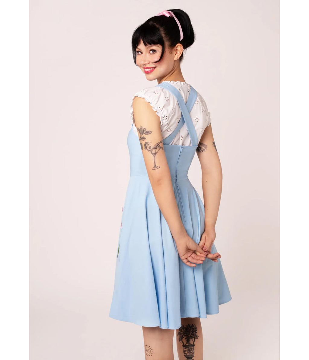 Hell Bunny Sky Blue Tulip Embroidered Swing Dress