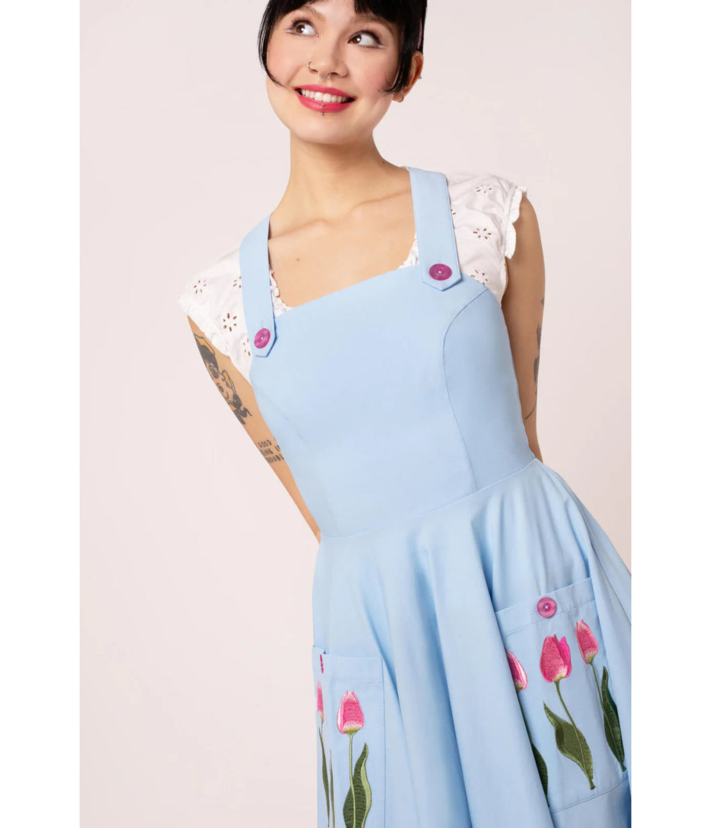 Hell Bunny Sky Blue Tulip Embroidered Swing Dress