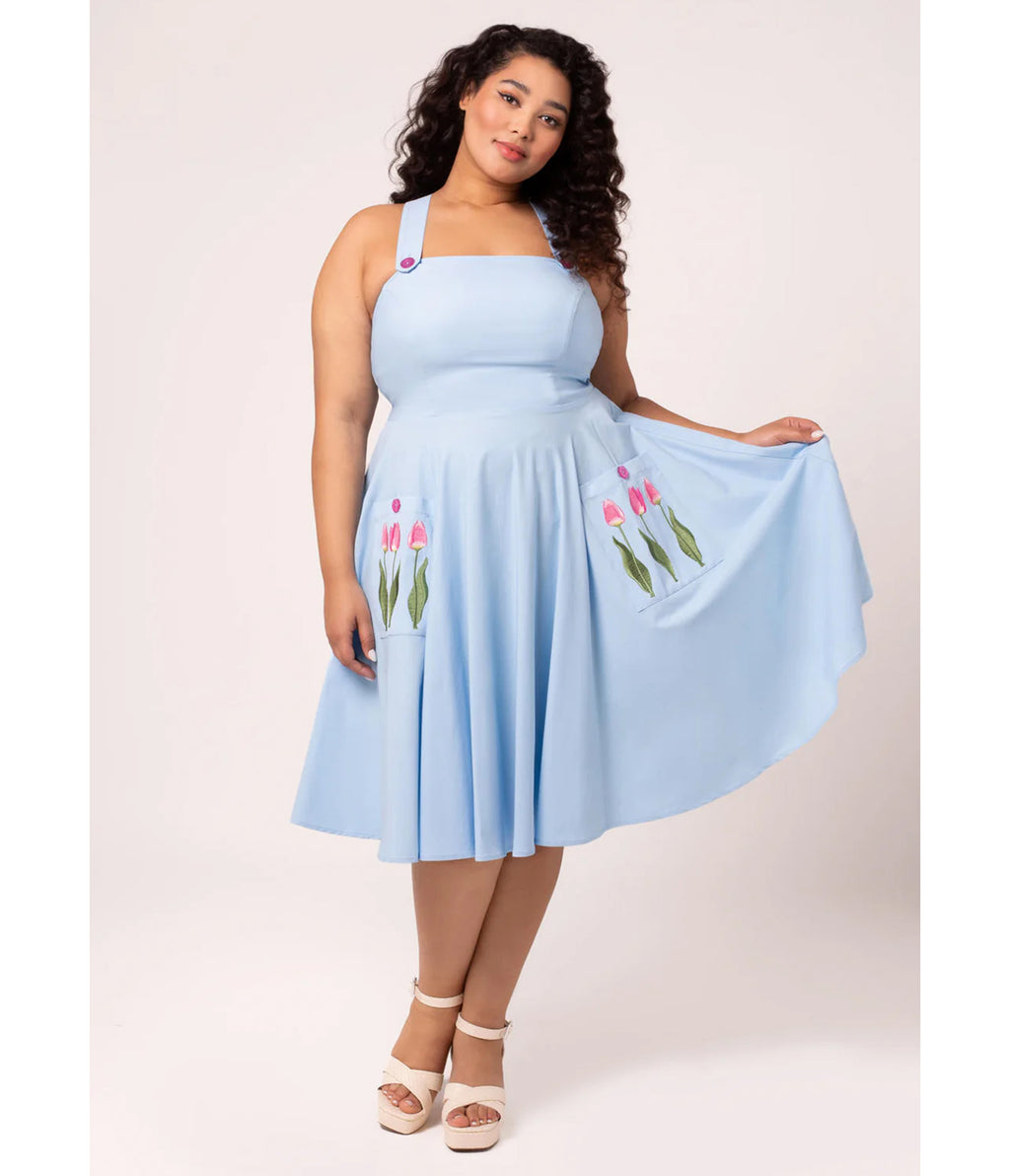 Hell Bunny Plus Size Sky Blue Tulip Embroidered Swing Dress