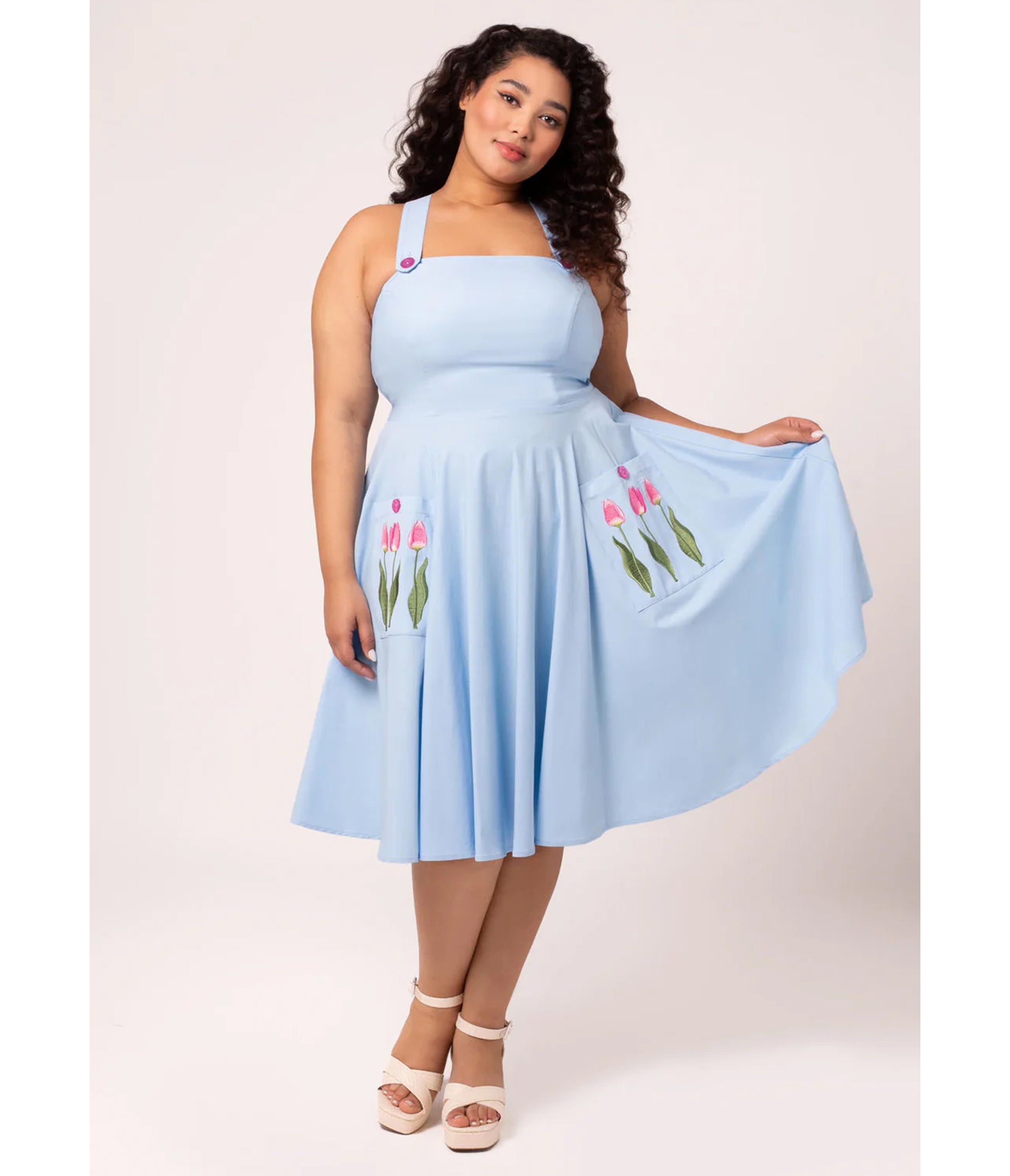 Hell Bunny Plus Size Sky Blue Tulip Embroidered Swing Dress