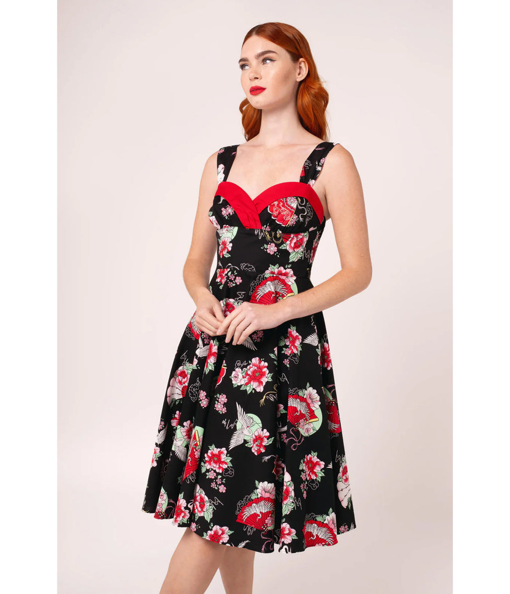 Hell Bunny Black & Red Floral Sweetheart Swing Dress