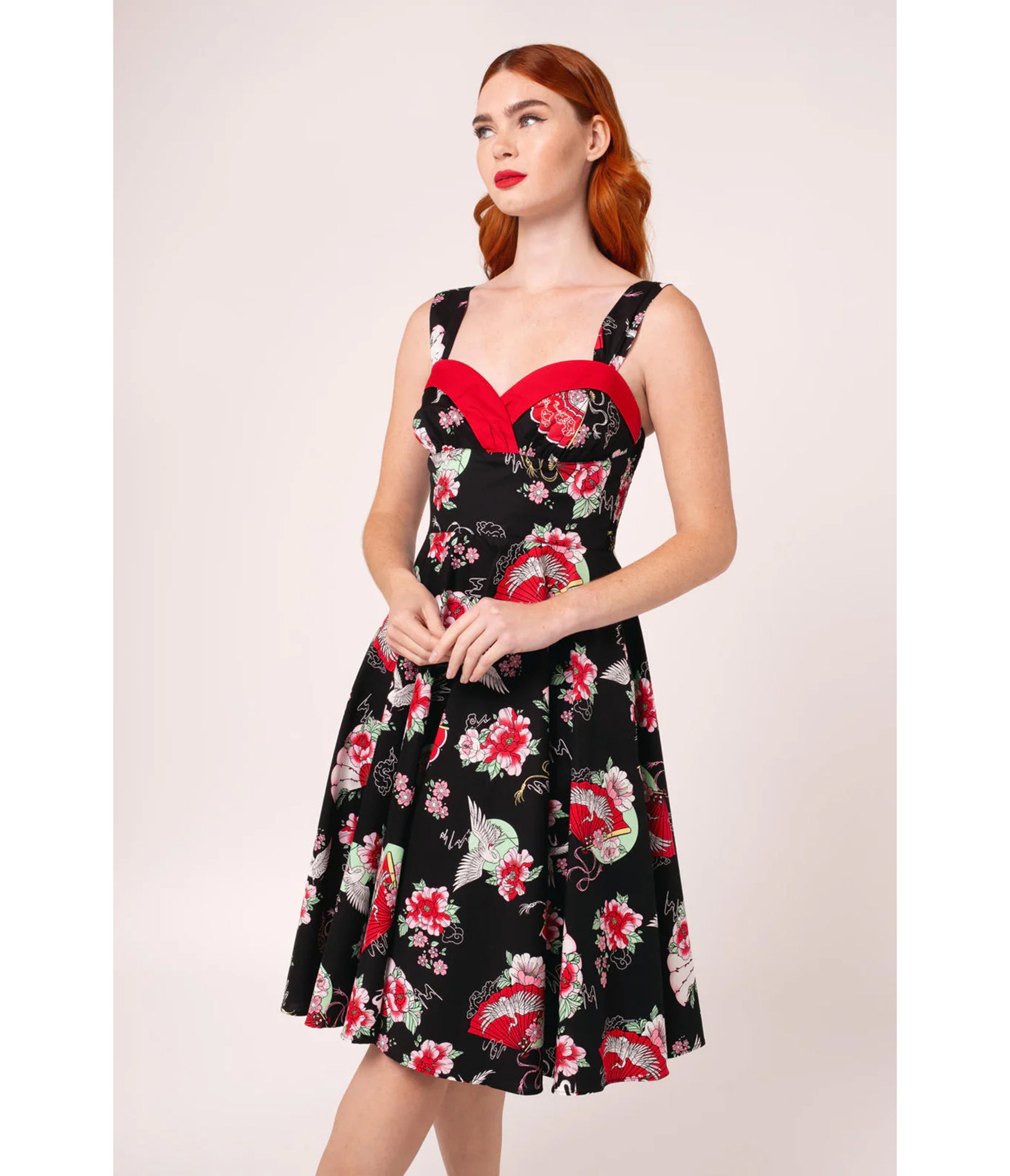 Hell Bunny Black & Red Floral Sweetheart Swing Dress