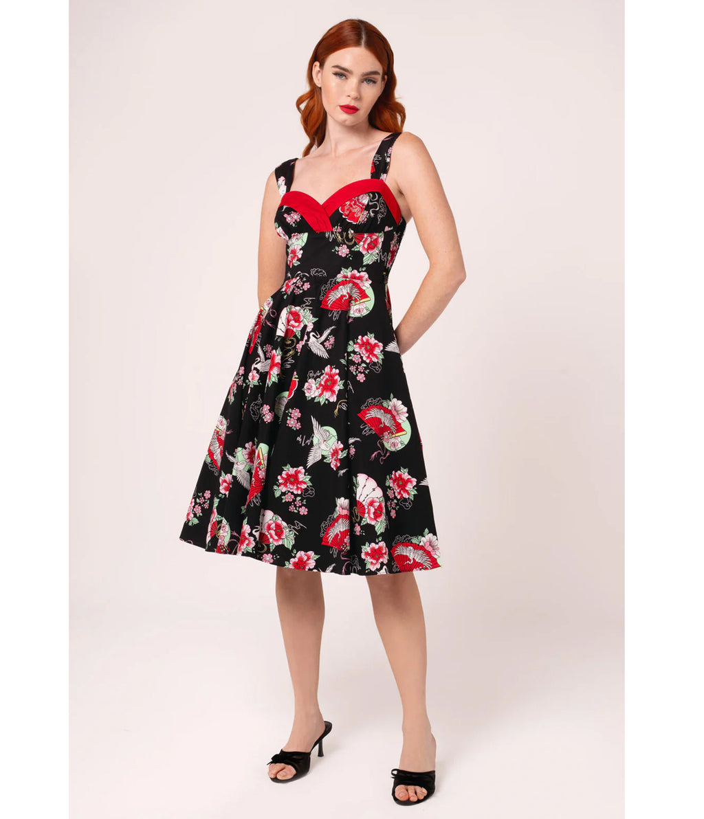 Hell Bunny Black & Red Floral Sweetheart Swing Dress