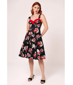 Hell Bunny Black & Red Floral Sweetheart Swing Dress