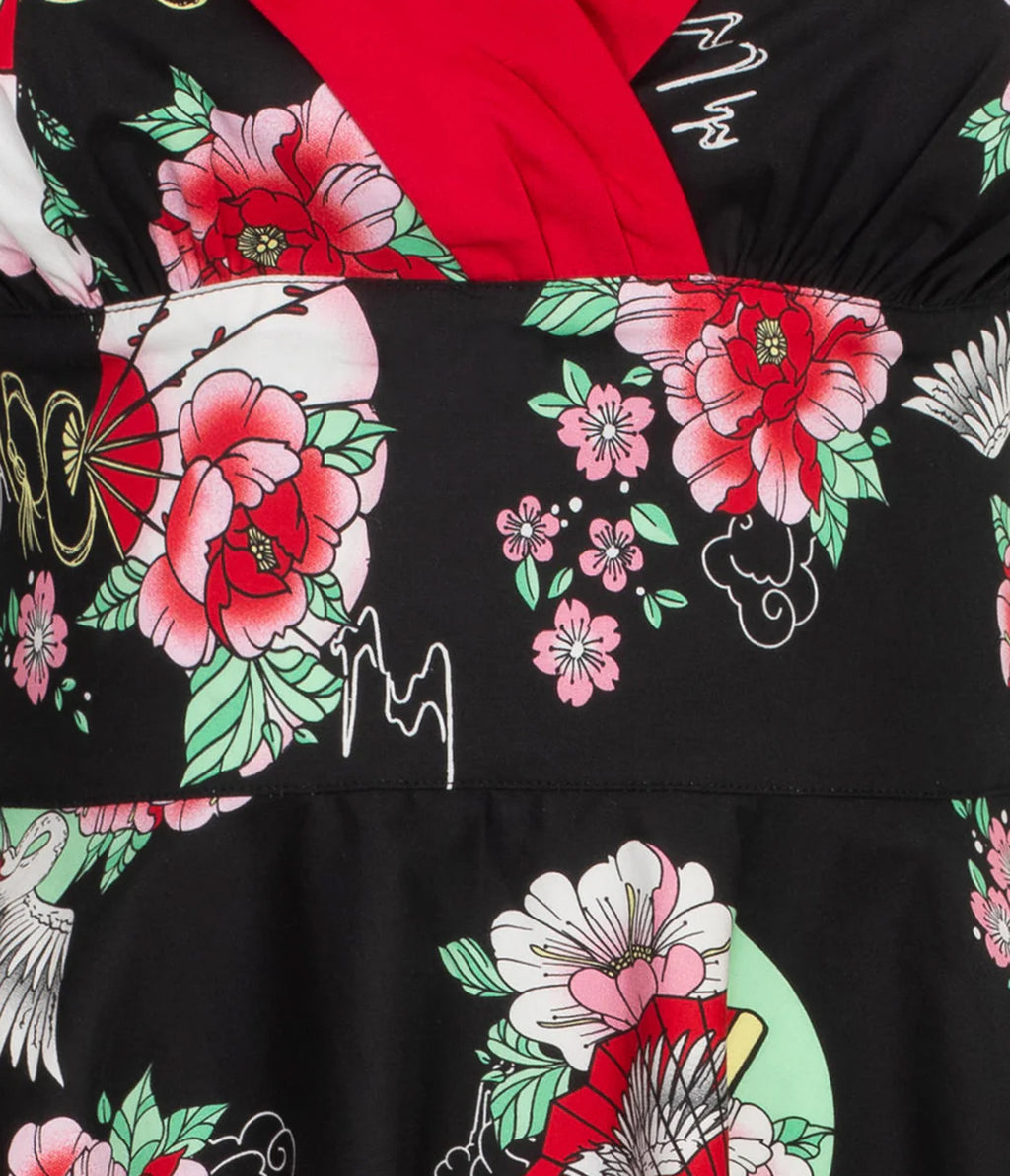 Hell Bunny Black & Red Floral Sweetheart Swing Dress