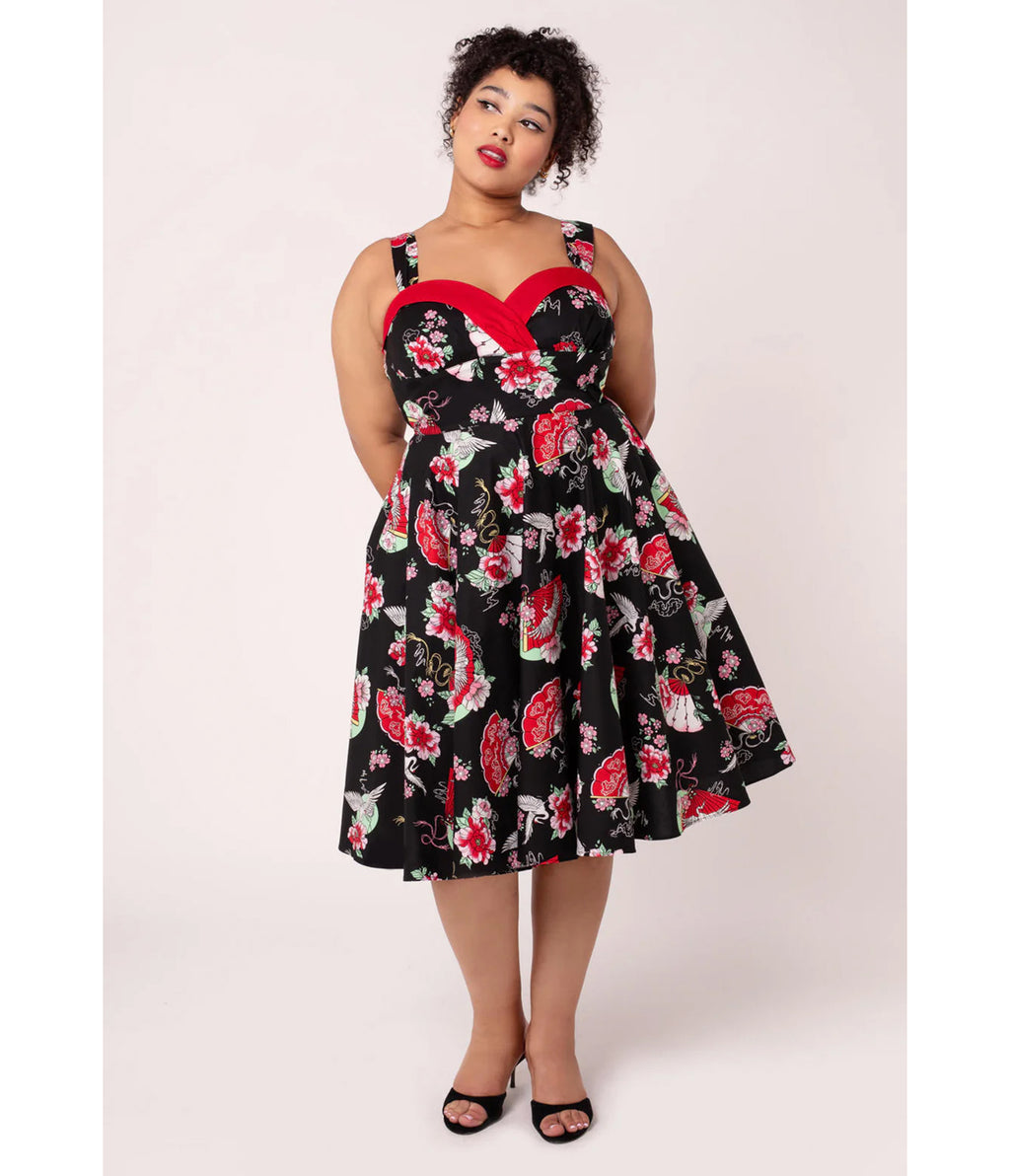 Hell Bunny Plus Size Black & Red Floral Sweetheart Swing Dress