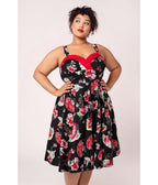 Hell Bunny Plus Size Black & Red Floral Sweetheart Swing Dress