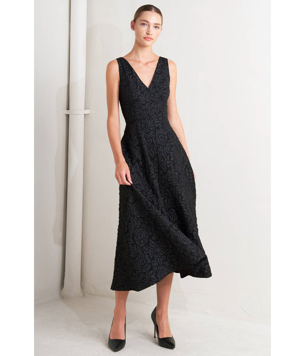 Black Floral Jacquard Midi Dress