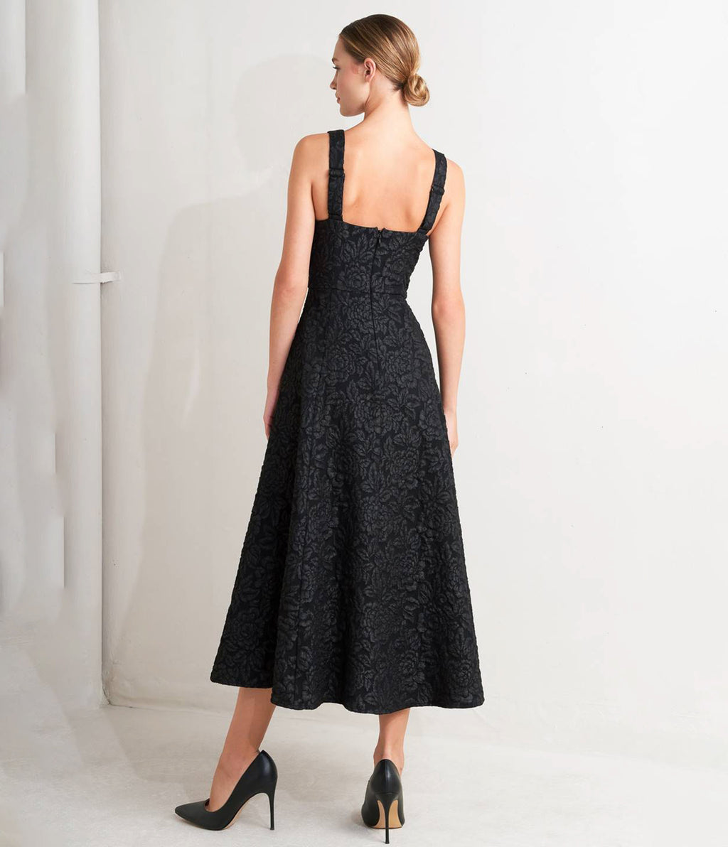 Black Floral Jacquard Midi Dress