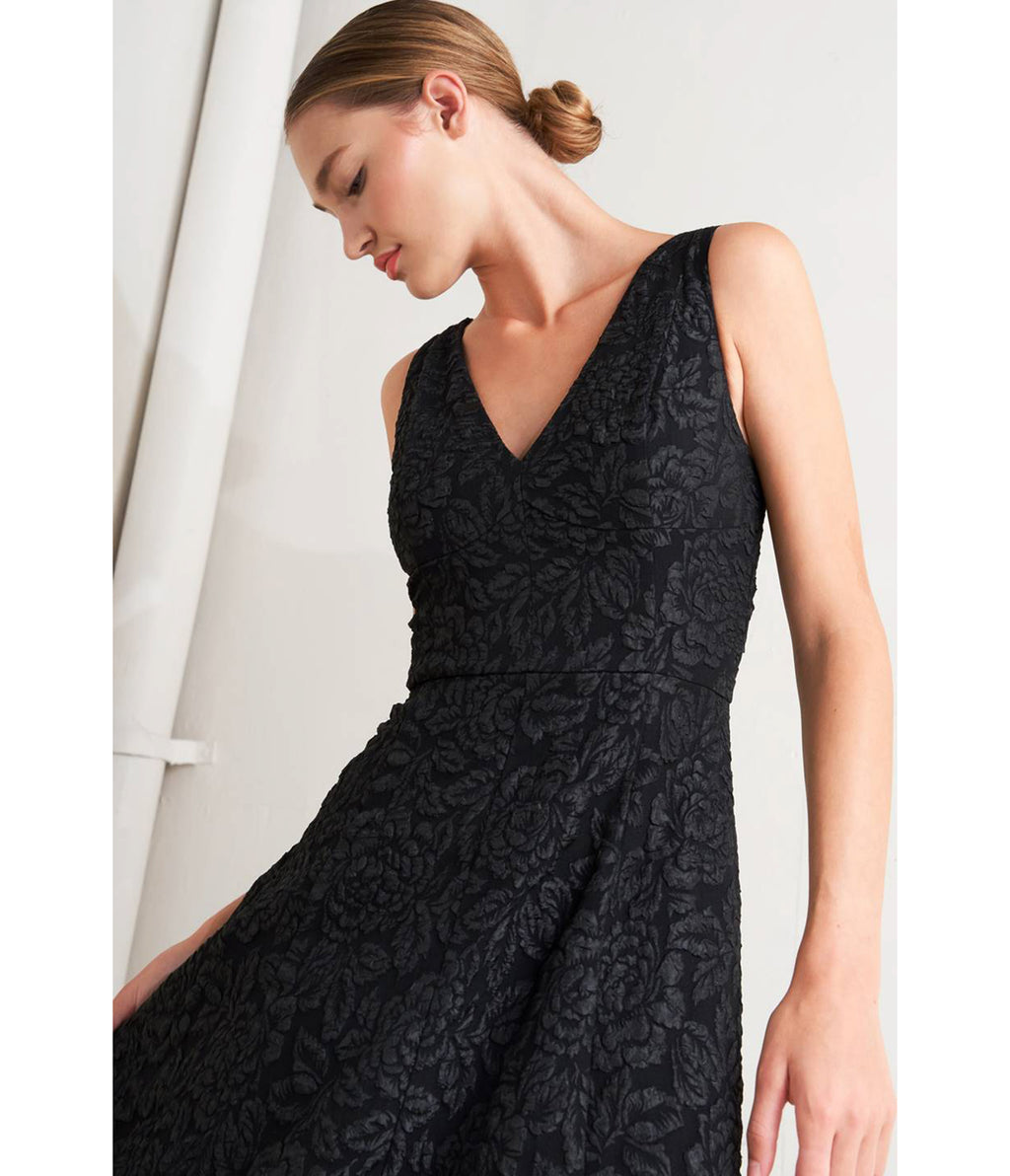 Black Floral Jacquard Midi Dress