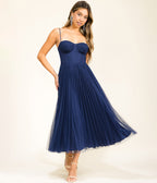 Navy Pleated Tulle Midi Dress