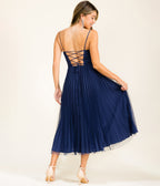 Navy Pleated Tulle Midi Dress