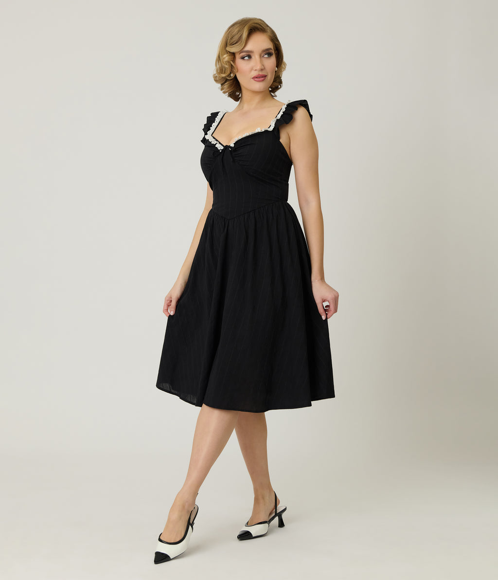 Unique Vintage Black Sweetheart Flutter Sleeve Swing Dress