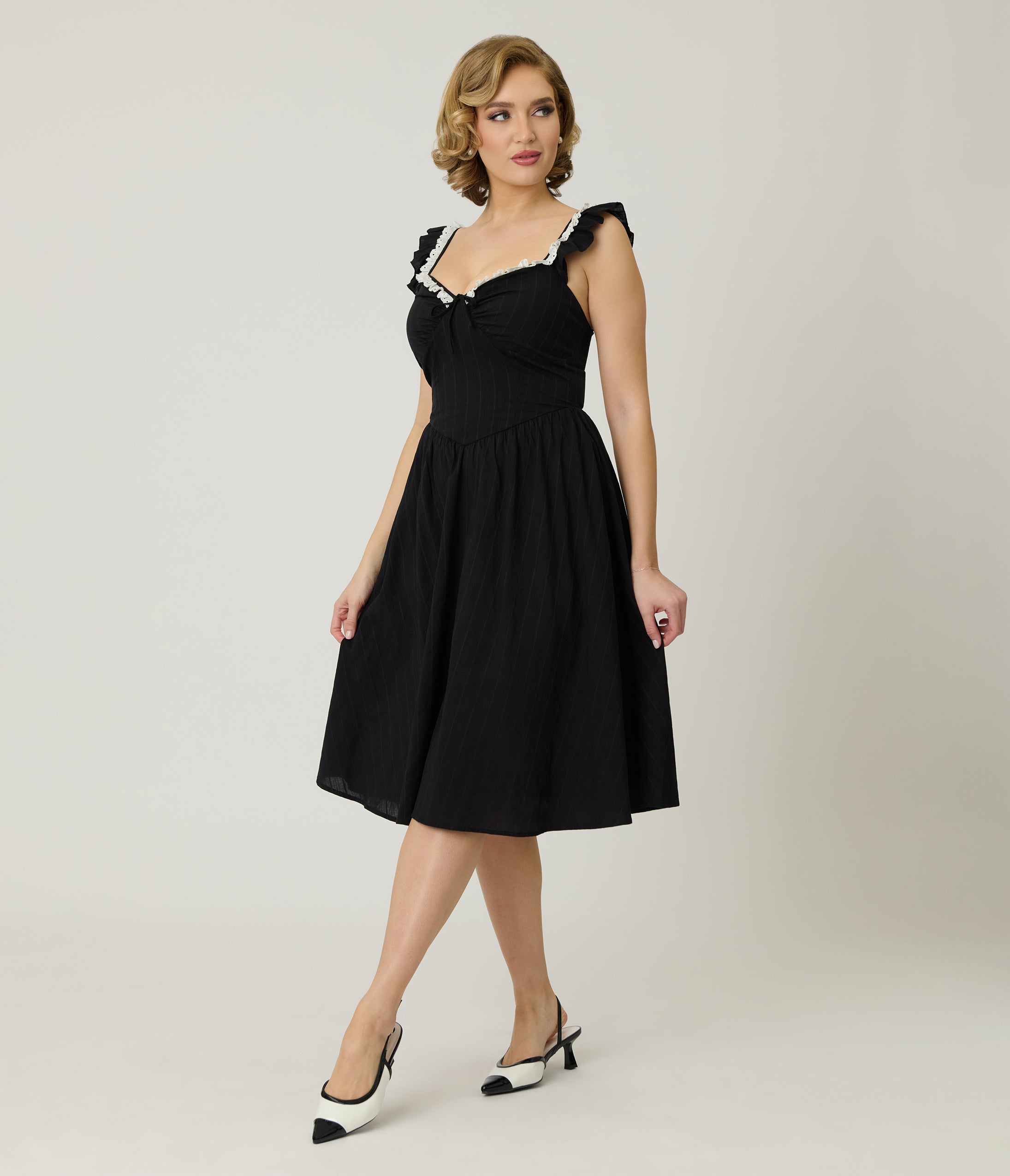 Unique Vintage Black Sweetheart Flutter Sleeve Swing Dress