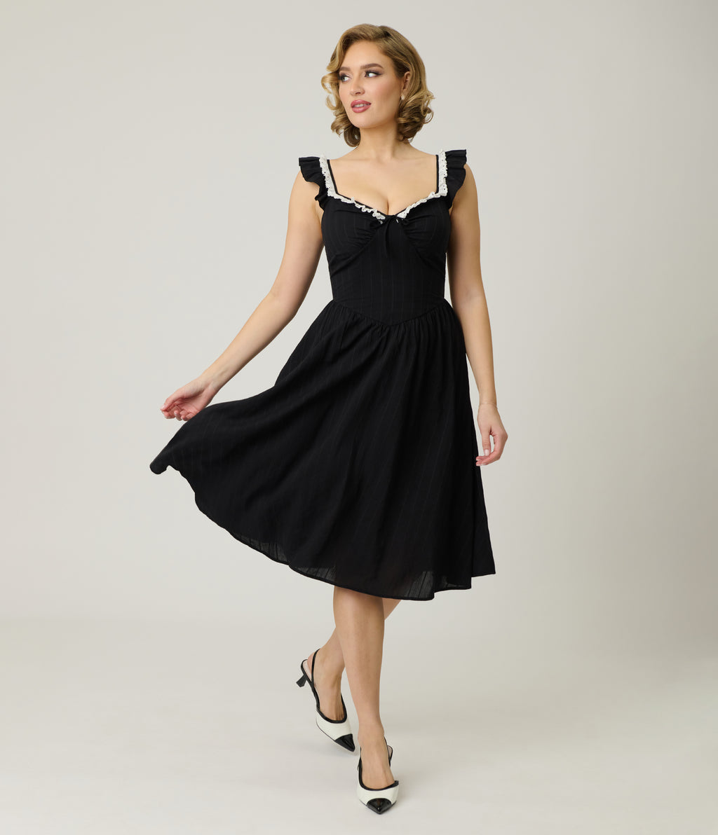 Unique Vintage Black Sweetheart Flutter Sleeve Swing Dress