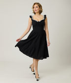 Unique Vintage Black Sweetheart Flutter Sleeve Swing Dress