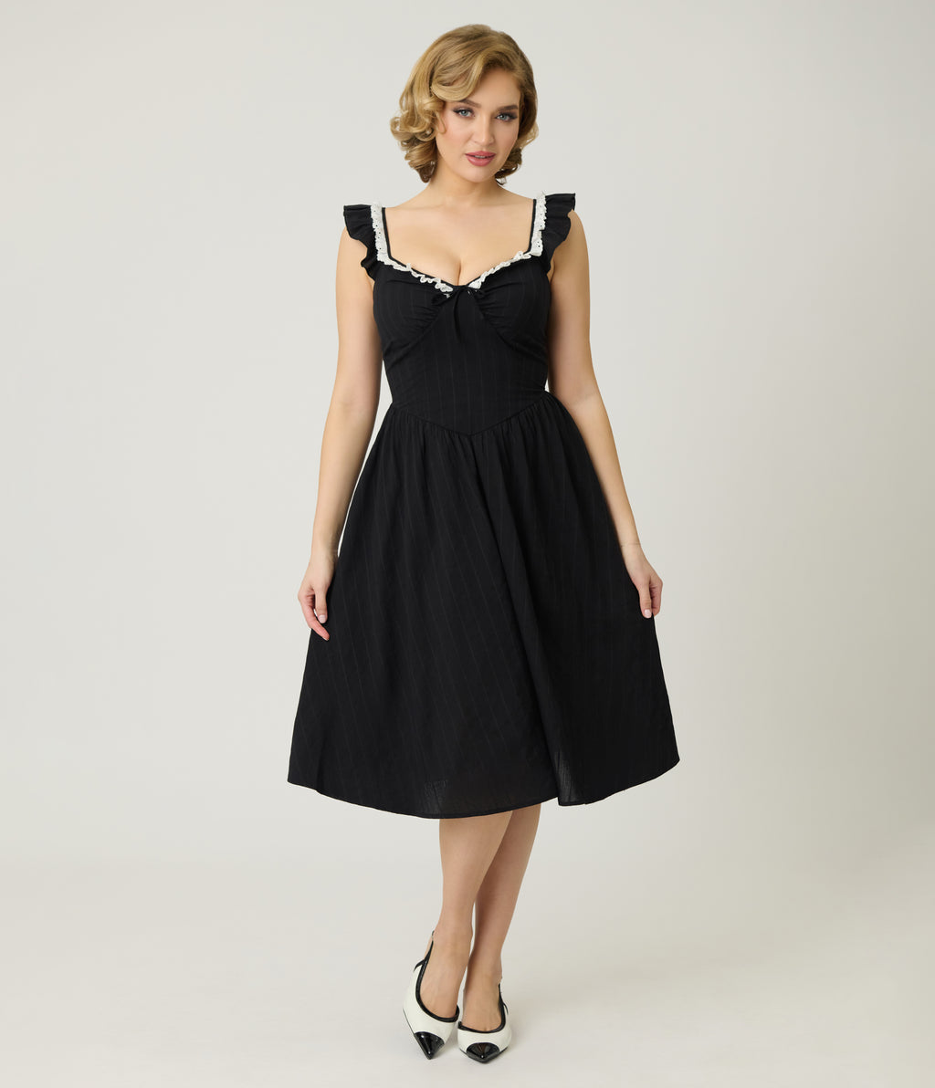 Unique Vintage Black Sweetheart Flutter Sleeve Swing Dress