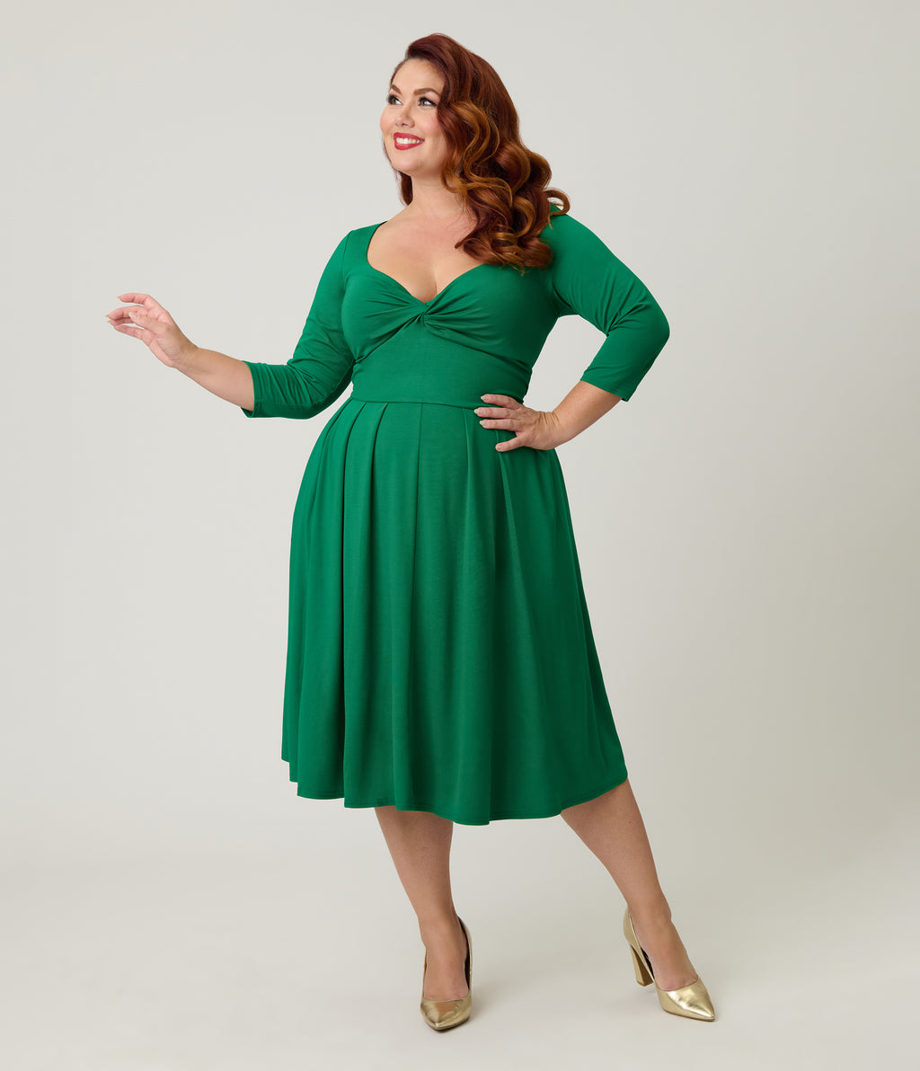Unique Vintage Plus Size Green Front Twist Swing Dress