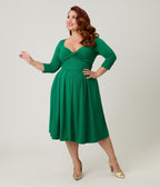 Unique Vintage Plus Size Green Front Twist Swing Dress