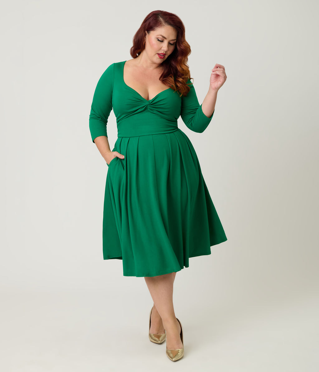 Unique Vintage Plus Size Green Front Twist Swing Dress