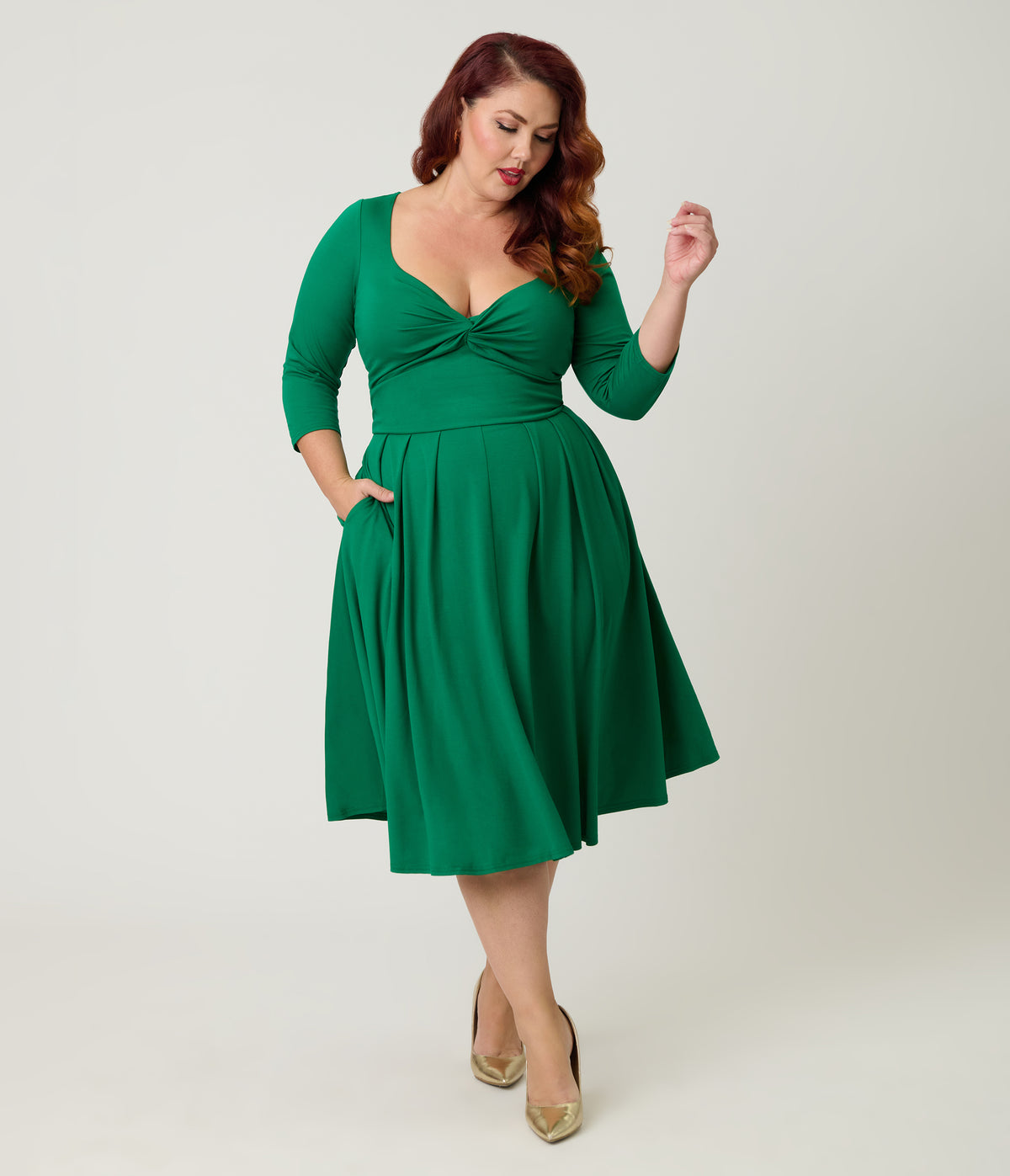 Unique Vintage Plus Size Green Front Twist Swing Dress