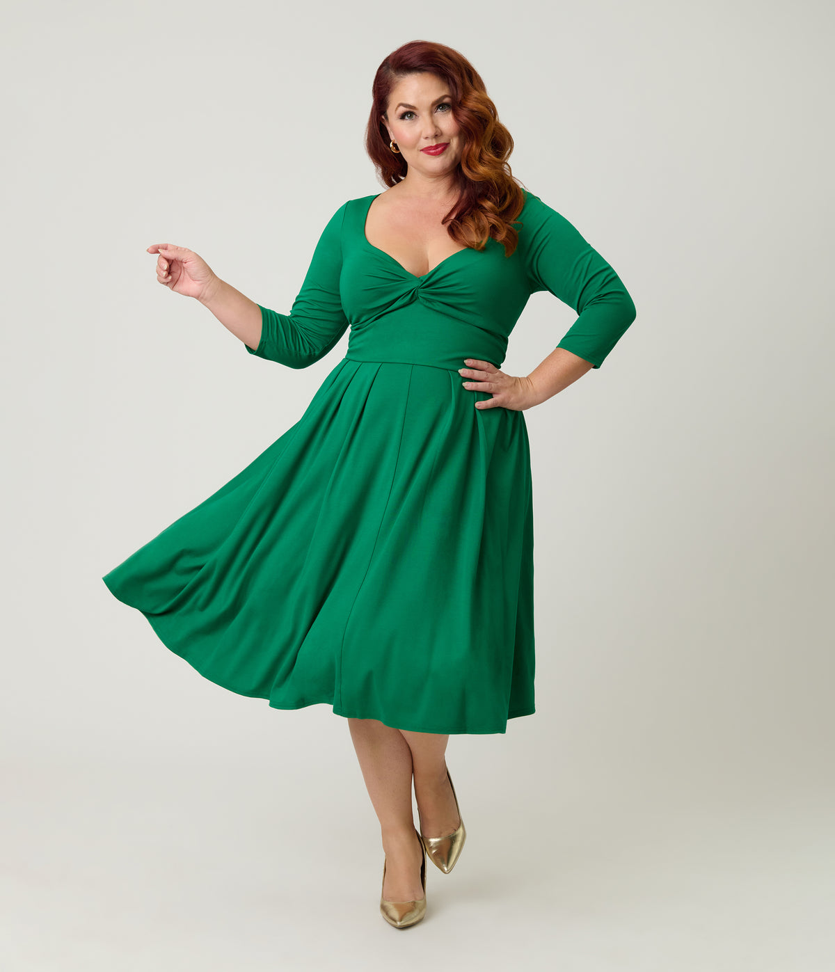 Unique Vintage Plus Size Green Front Twist Swing Dress