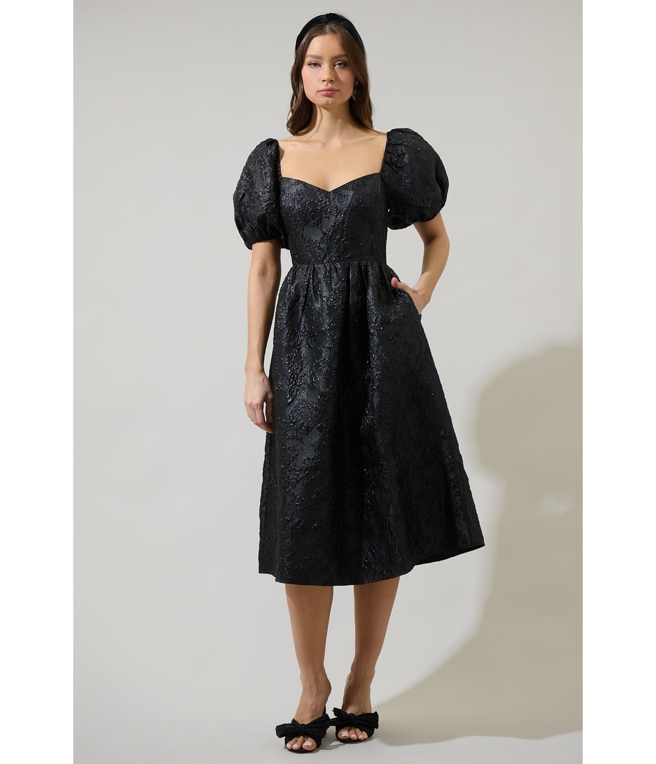 Black Floral Jacquard Puff Sleeve Midi Dress in Black