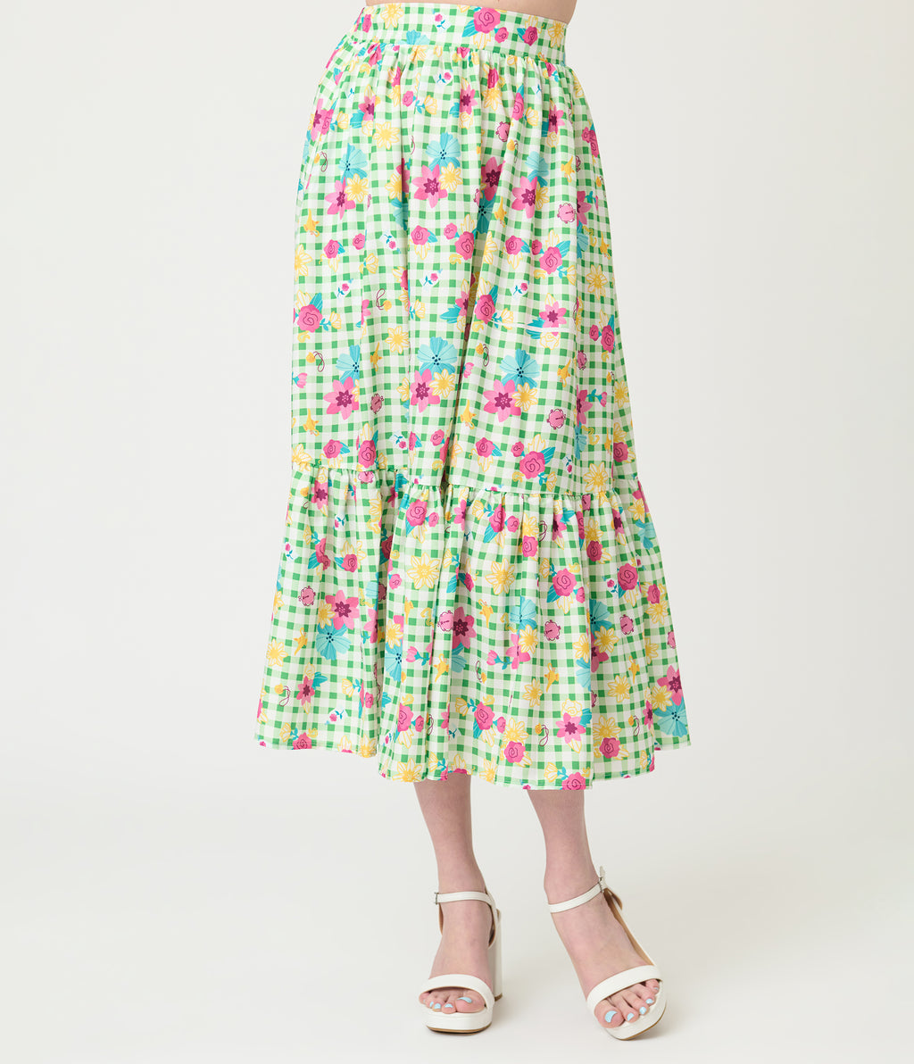Disney Princess Collection by Unique Vintage Green Gingham Tiered Midi Skirt
