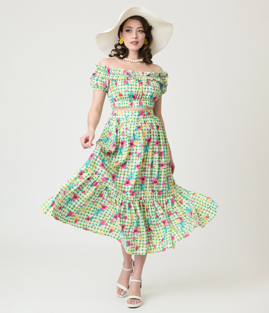 Disney Princess Collection by Unique Vintage Green Gingham Tiered Midi Skirt