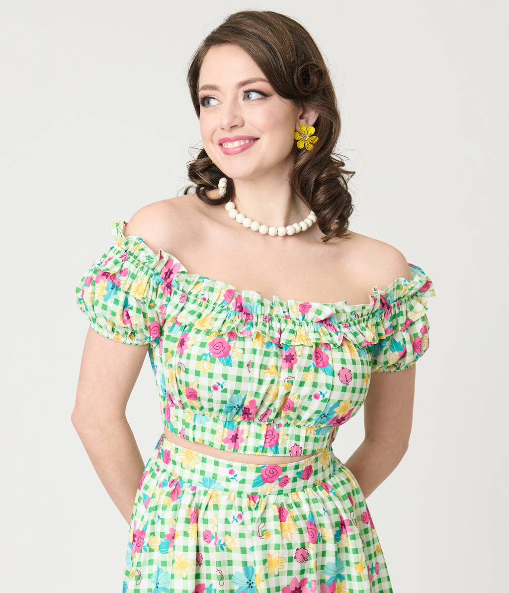 Disney Princess Collection by Unique Vintage Green Gingham Princess Floral Ruffle Up Crop Top