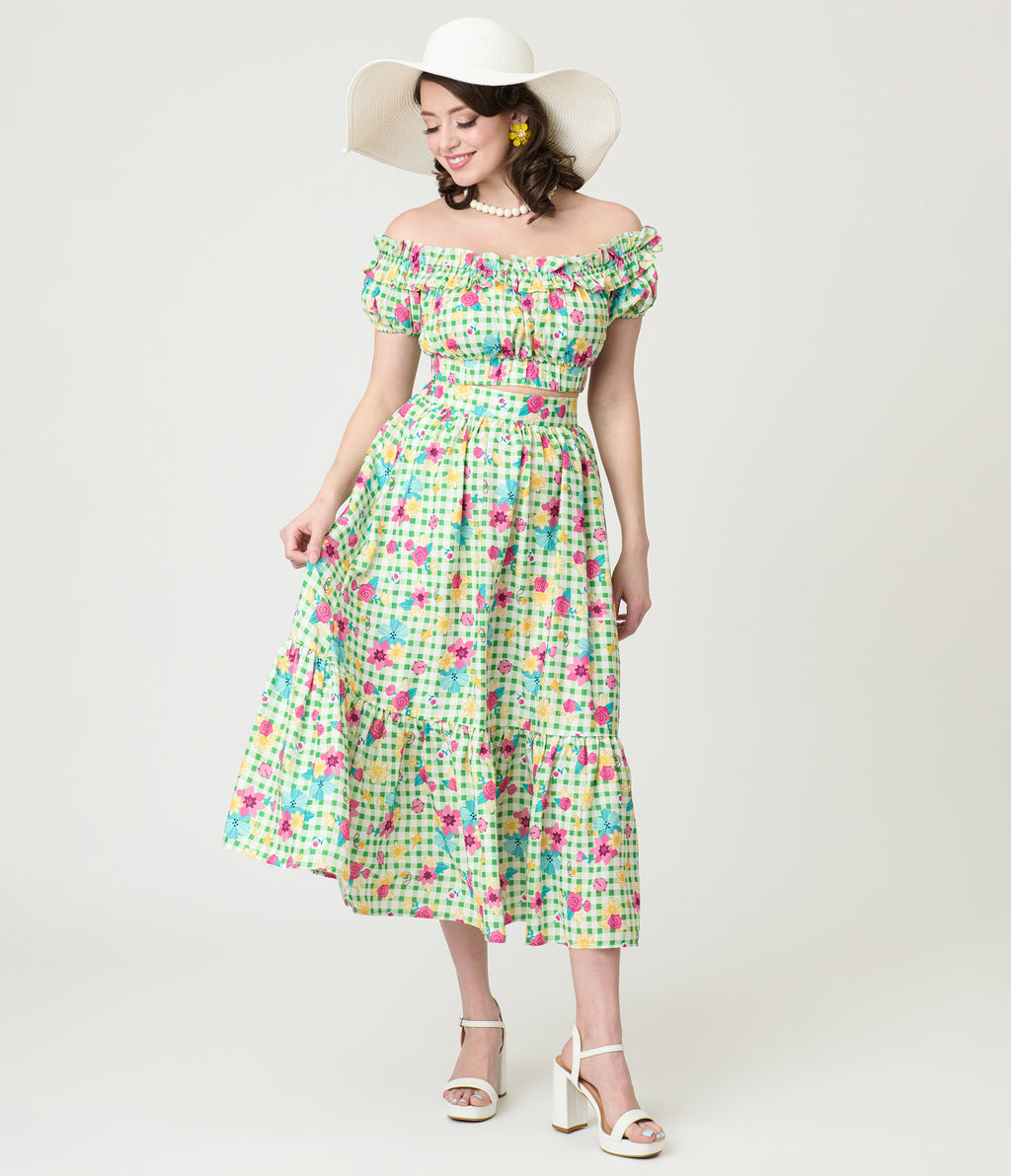 Disney Princess Collection by Unique Vintage Green Gingham Princess Floral Ruffle Up Crop Top