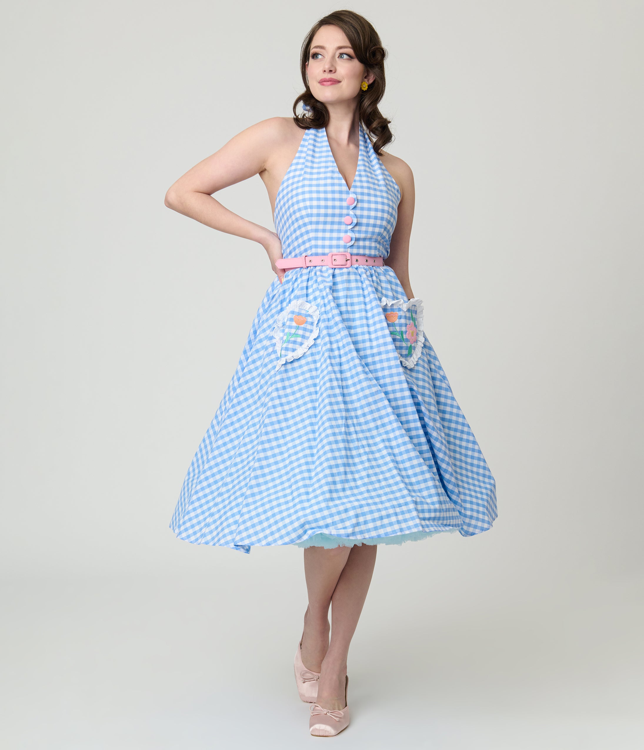 Disney Mickey & Friends Collection by Unique Vintage Blue Gingham Cotton Halter Swing Dress