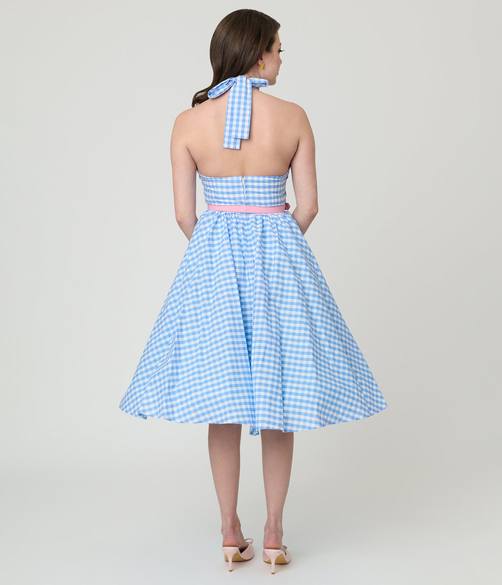 Disney Mickey & Friends Collection by Unique Vintage Blue Gingham Cotton Halter Swing Dress