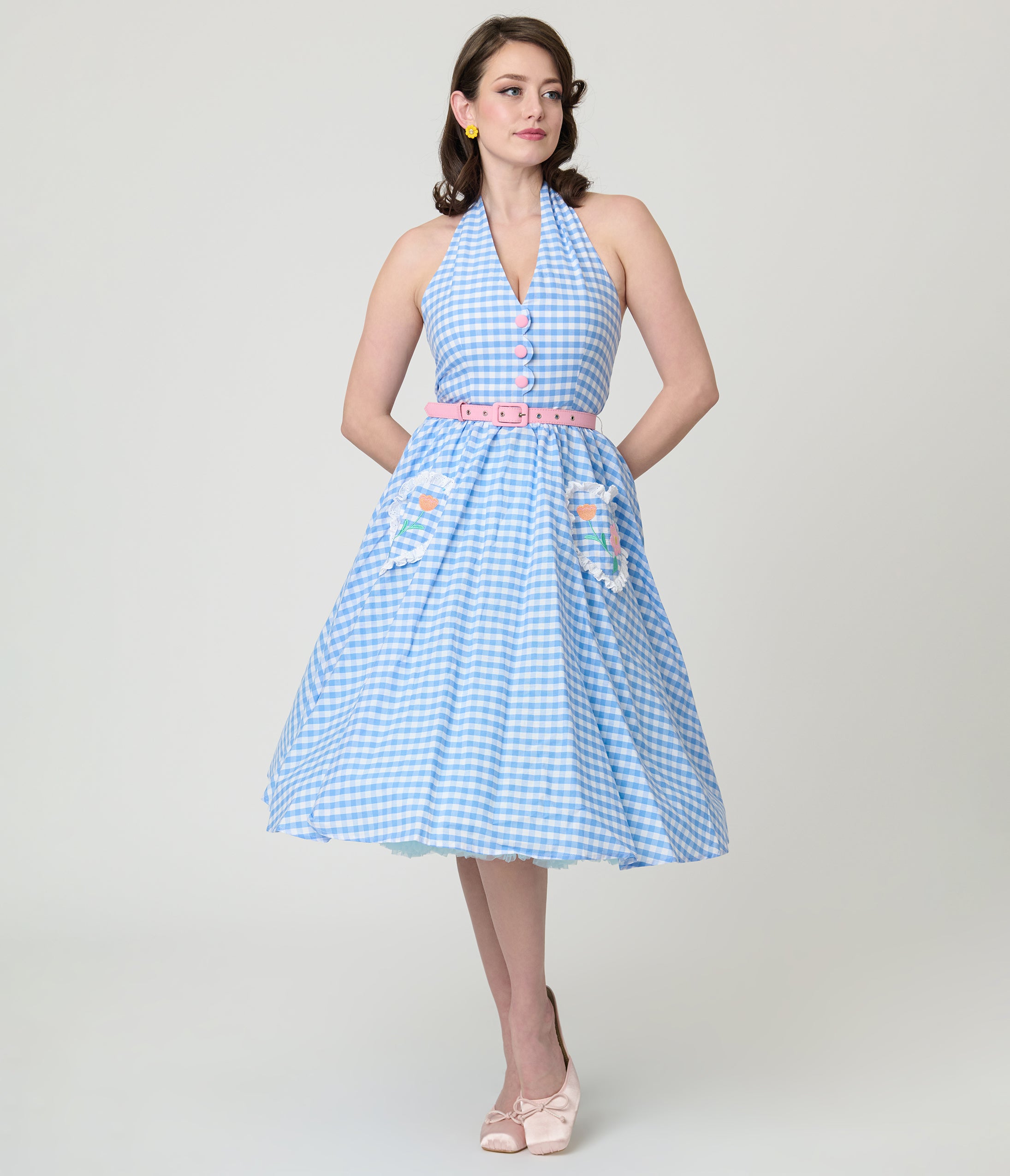 Disney Mickey & Friends Collection by Unique Vintage Blue Gingham Cotton Halter Swing Dress