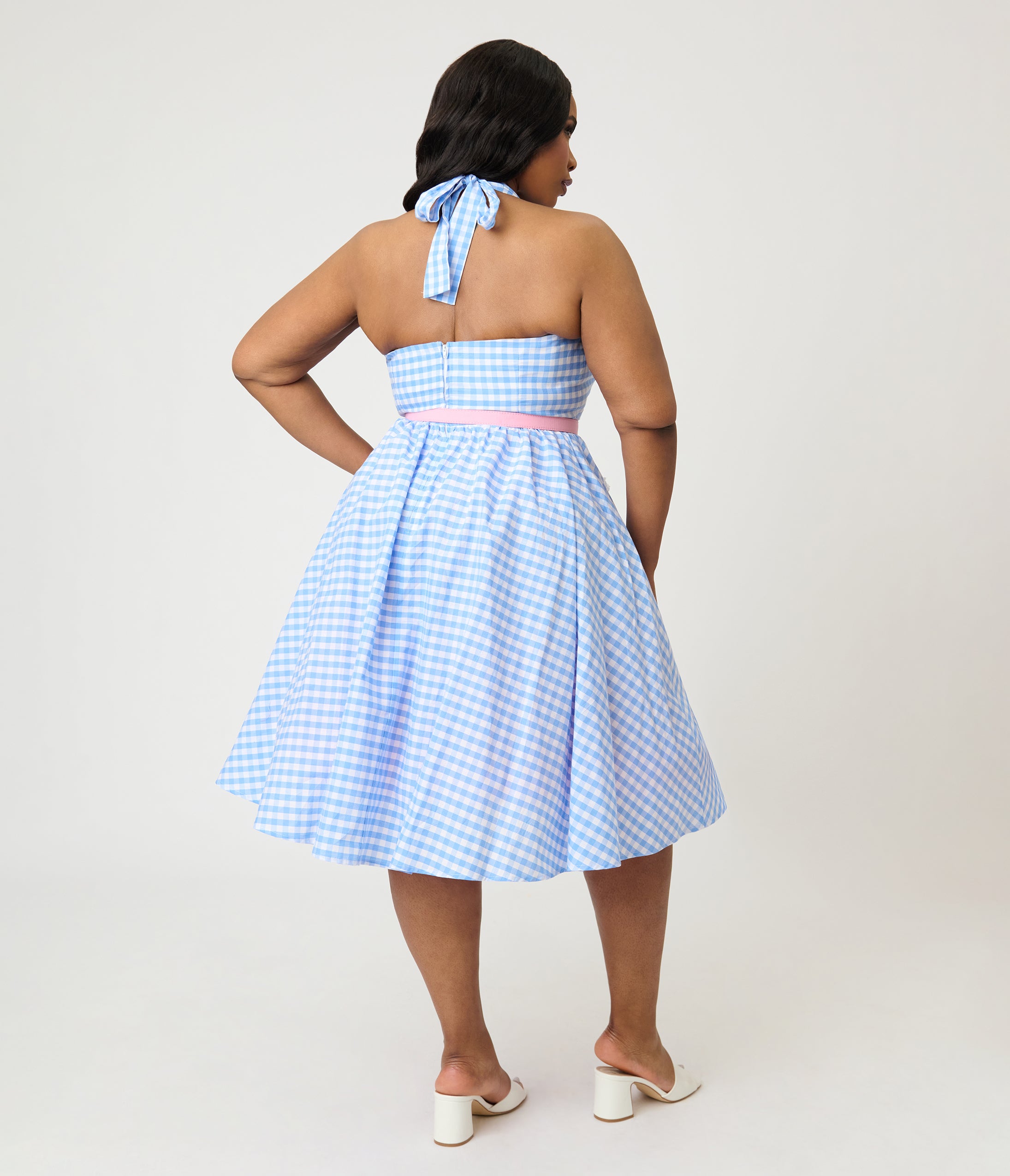 Disney Mickey & Friends Collection by Unique Vintage Plus Size Blue Gingham Cotton Halter Swing Dress