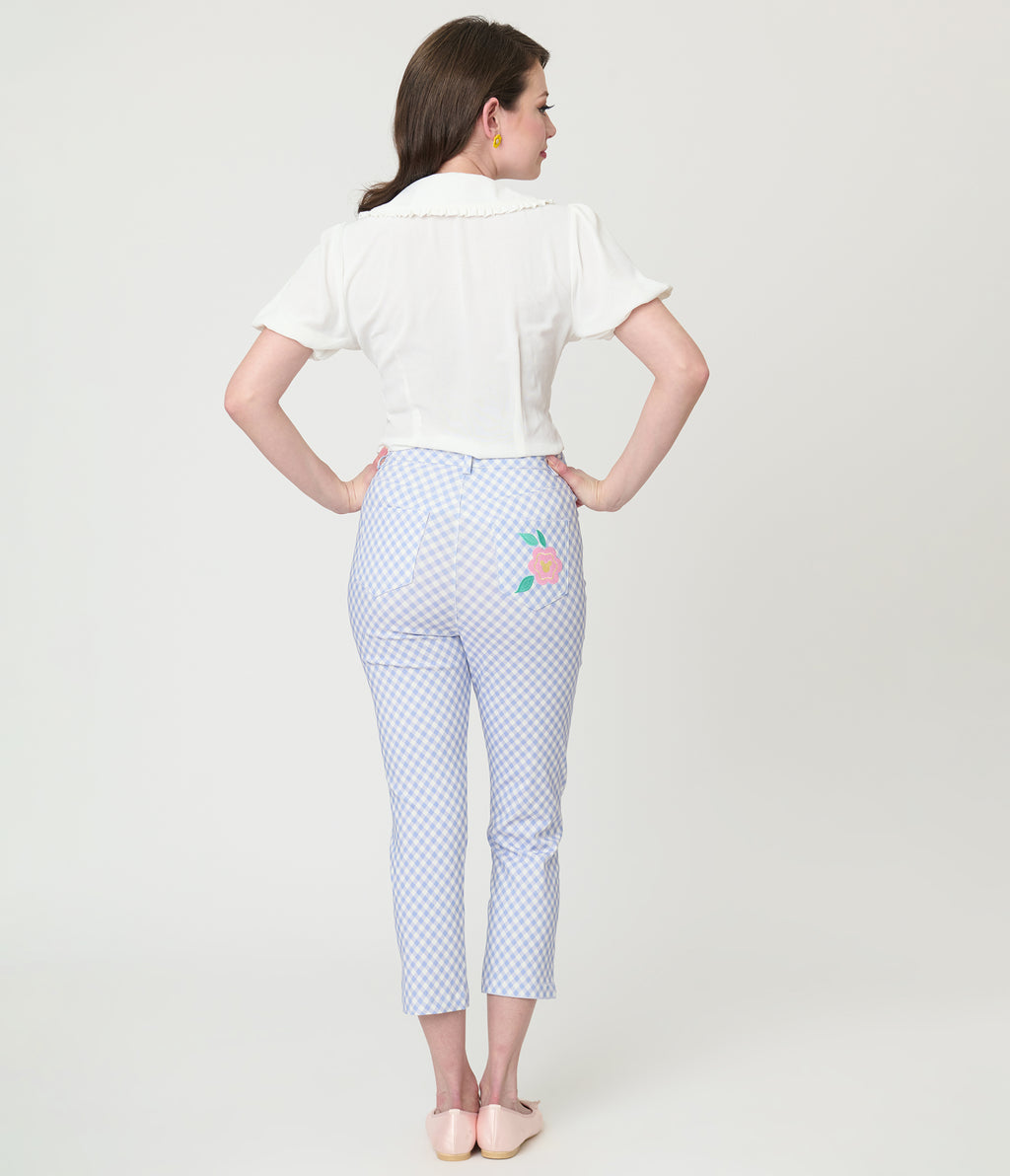 Disney Mickey & Friends Collection by Unique Vintage Blue Gingham Rachelle Capri Pants