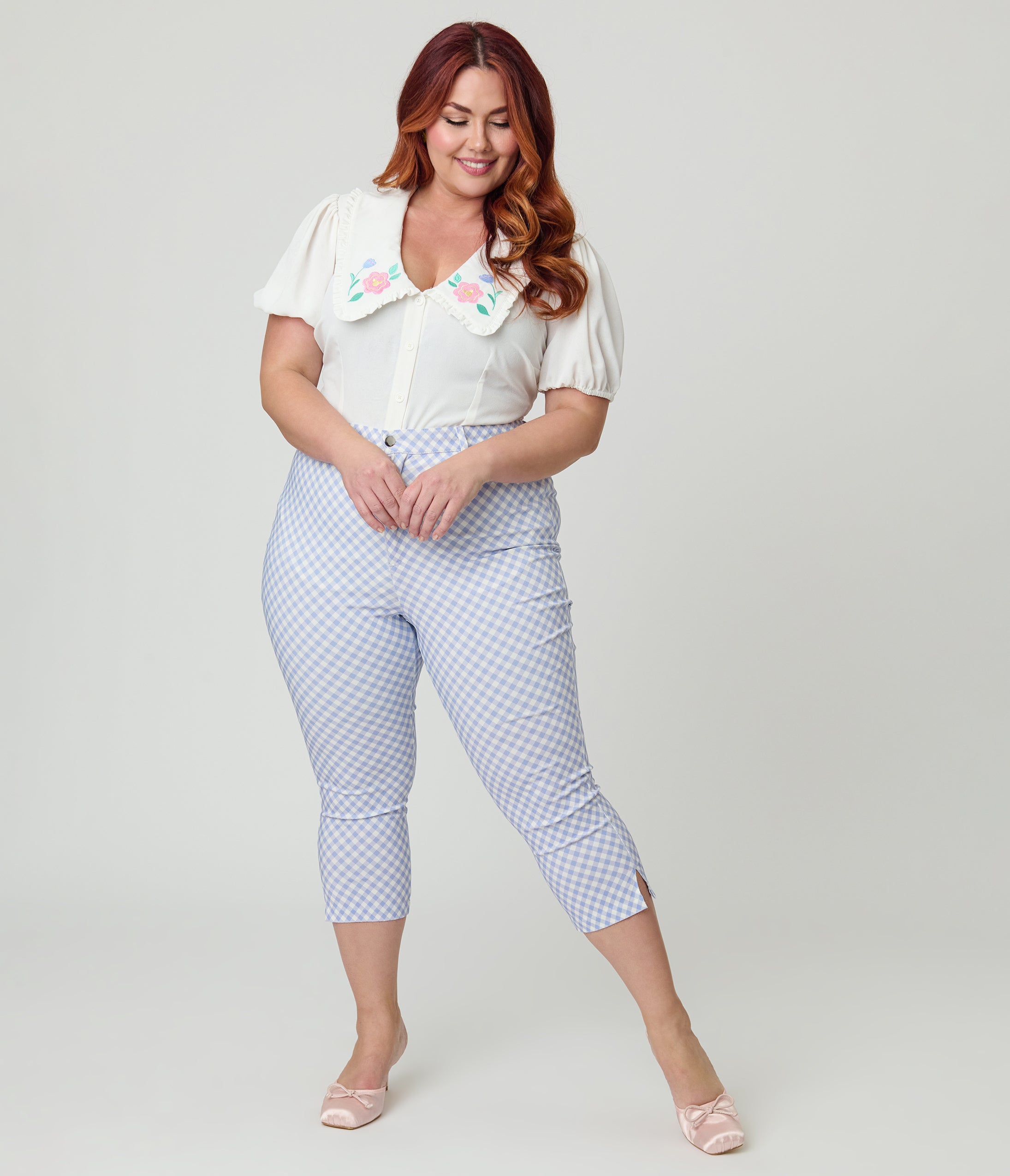 Disney Mickey & Friends Collection by Unique Vintage Plus Size Blue Gingham Rachelle Capri Pants