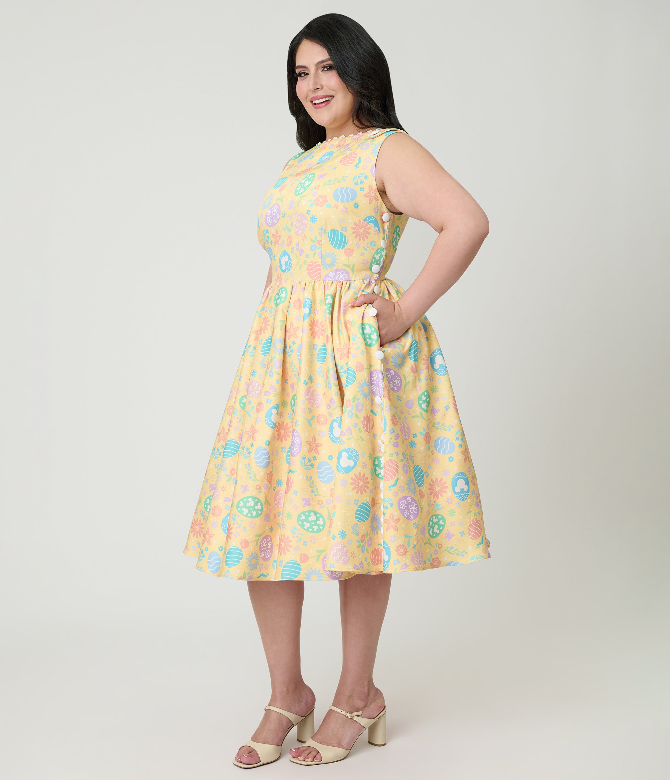 Preorder - Disney Mickey & Friends Collection by Unique Vintage Plus Size Yellow & Easter Egg Livvie Swing Dress