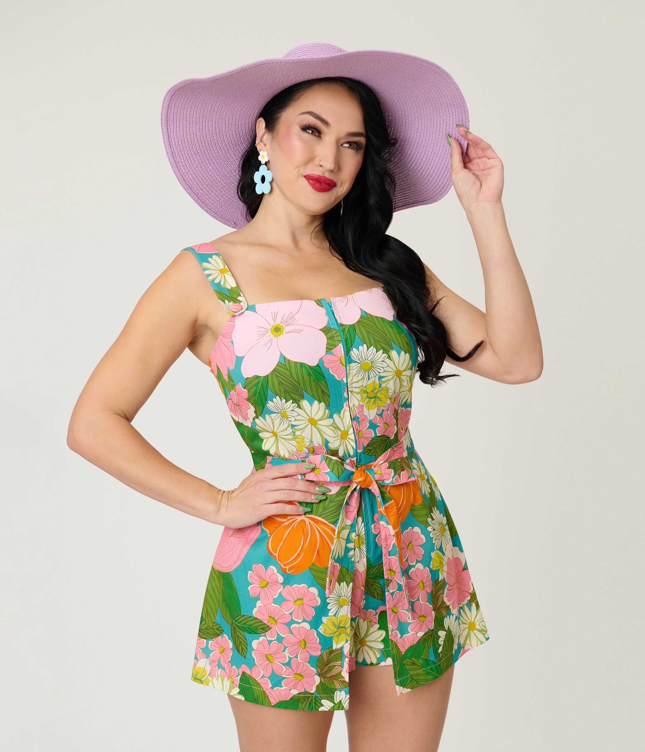 Smak Parlour Teal Floral Sweet & Sassy Skirted Cotton Romper XL/14-16