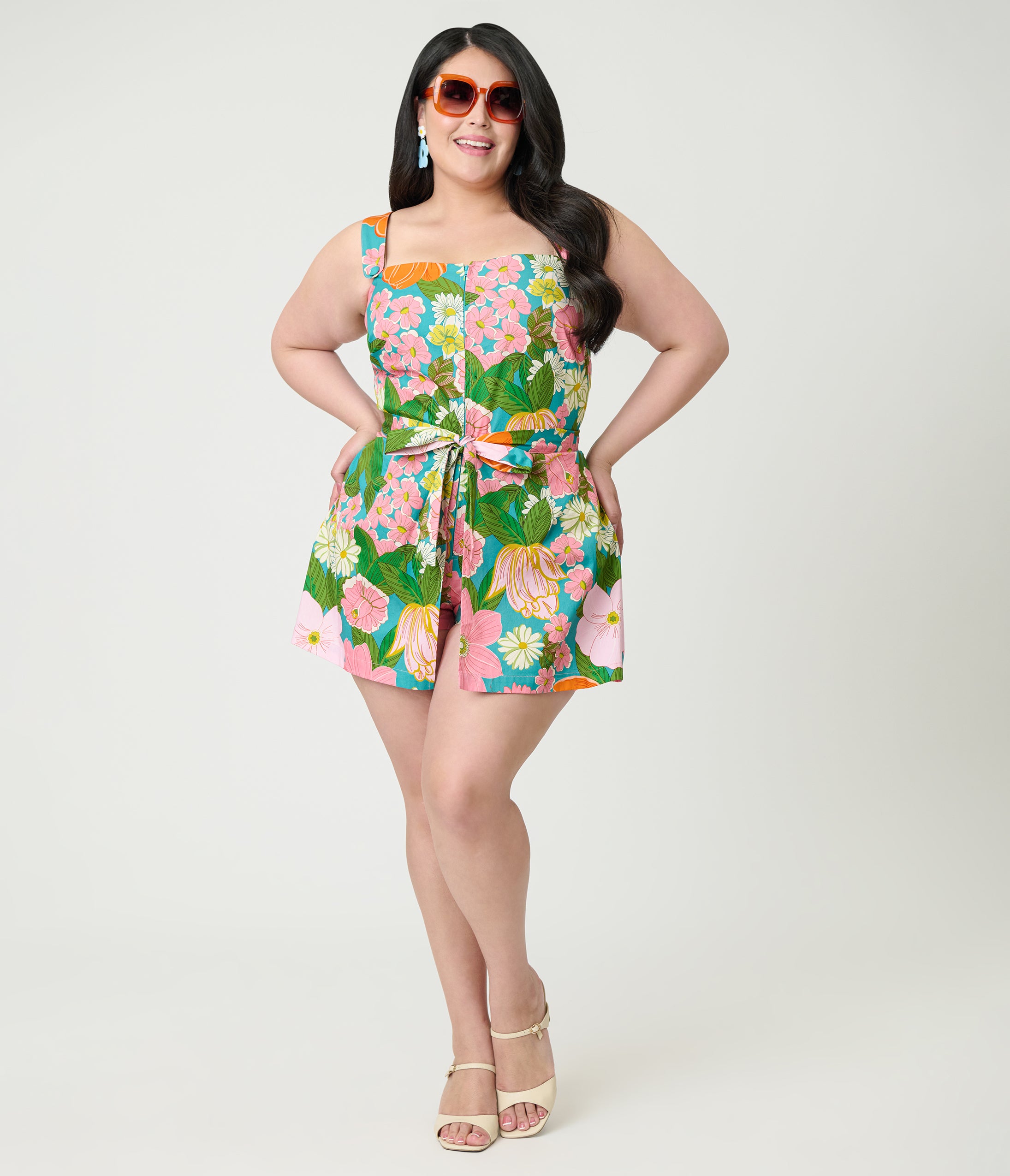 Smak Parlour Plus Size Teal Floral Sweet & Sassy Skirted Cotton Romper