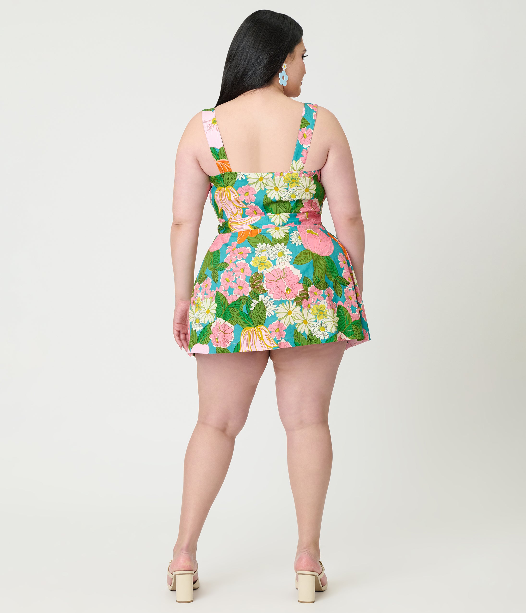 Smak Parlour Plus Size Teal Floral Sweet & Sassy Skirted Cotton Romper