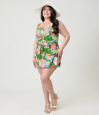Smak Parlour Plus Size Teal Floral Sweet & Sassy Skirted Cotton Romper