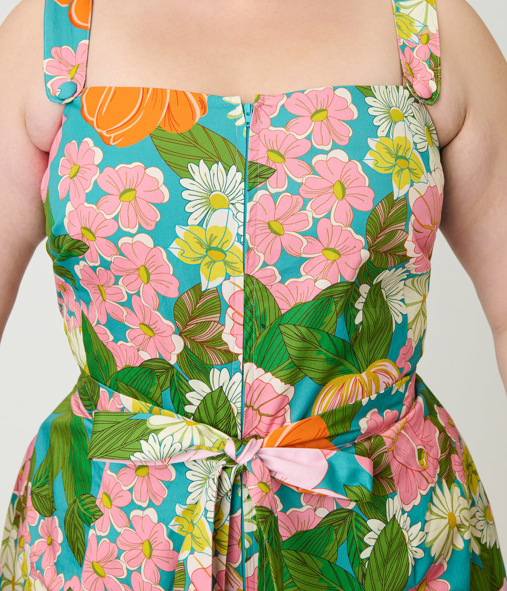 Smak Parlour Plus Size Teal Floral Sweet & Sassy Skirted Cotton Romper
